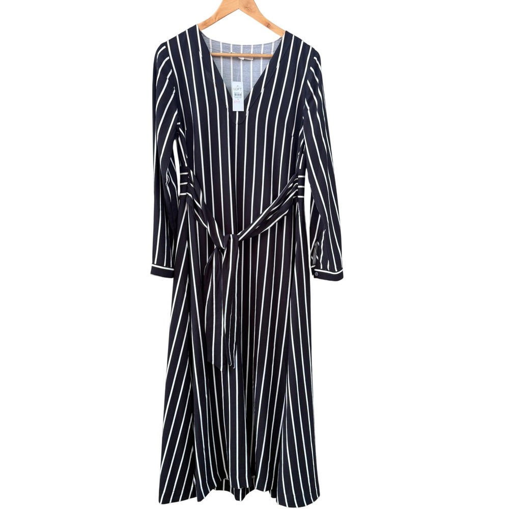 NWT LOFT Women Size‎ 10 Tie Maxi Dress Black White Stripe Long Sleeve Side Slit